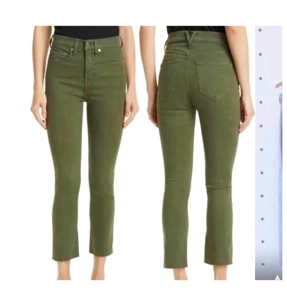 Veronica Beard Carly Kick Flare High Rise green denim jeans pants 24 raw hem